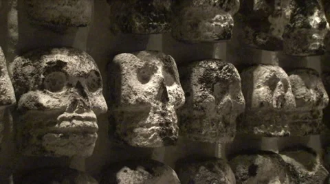 Tzompantli - Stone wall of skulls at Aztec Tenōchtitlan Ruins, Mexico City Video stock 47952396
