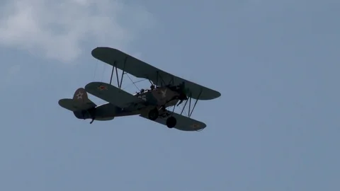 U-2 or Po-2 (NATO: “Mule”)  Soviet multi-purpose biplane performs flight. Stock Footage 116318447