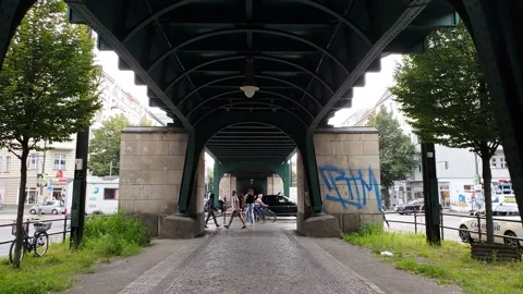 U-Bahn train rapid transit railway. Elevated railway above the street. Stock Footage 168965819