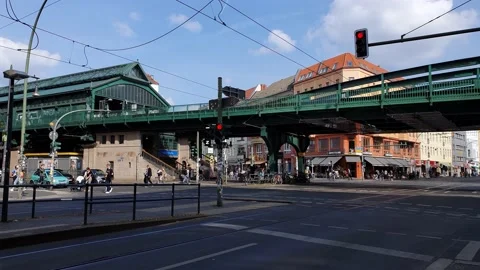 U-Bahn train rapid transit railway. Elevated railway above the street. Stock Footage 168966446