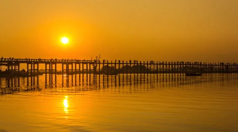 U Bein Bridge Sunset Landmark Travel Place Of Mandalay City, Myanmar Stock Footage 58971107