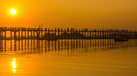 U Bein Bridge Sunset Landmark Travel Place Of Mandalay City, Myanmar Stock Footage 58971203