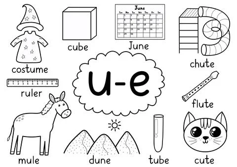 U-e digraph spelling rule black and white educational poster for kids with words Illustrazione stock