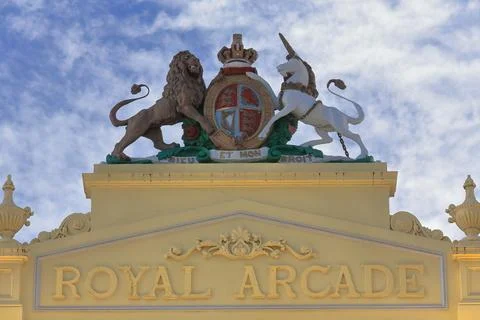 U K royal coat of arms atop The Royal Arcade's Bourke St.facade. Melbourne-AUS Stock Photos