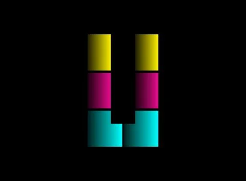 U letter font, vector logo made of Cmyk color. Dynamic split blue, pink, yell Stock Illustration