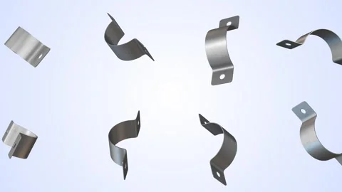 U Shape Metal Pipe Straps Falling on a Light Blue Background. Pipe Clamps 3D. 4K Stock Footage 304286908