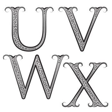 U, V, W, X vintage patterned letters. Font in floral baroque style. Stock Illustration