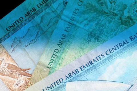 UAE dirham currency notes close up. Money background blue color toned Foto stock