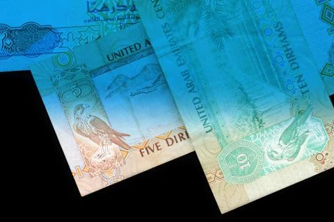 UAE dirham currency notes close up. Money background blue color toned Foto stock