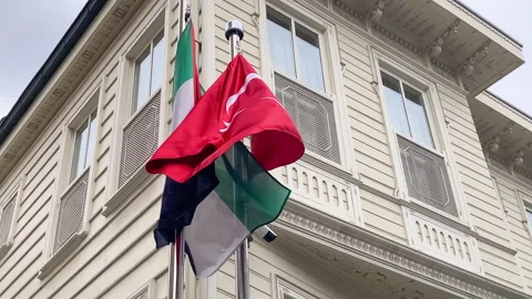 UAE Flag and Flag Of TURKEY waving on flagpoles on windy day, slow motion. Stock Footage 271150829