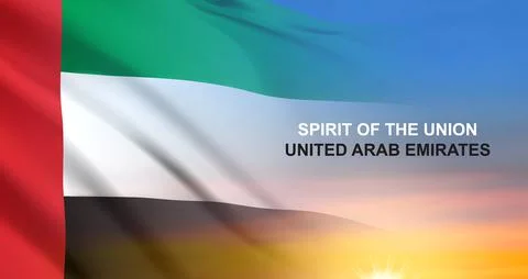 UAE flag on background of sunset or sunrise. Concept for National Holidays Stock Illustration