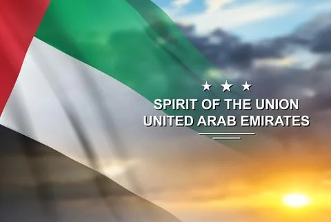 UAE flag on background of sunset or sunrise. Concept for National Holidays Stock Illustration