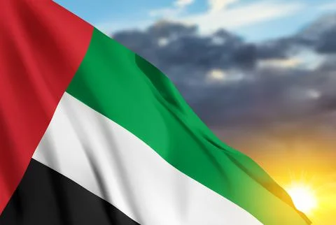 UAE flag on background of sunset or sunrise. Concept for National Holidays Stock Illustration