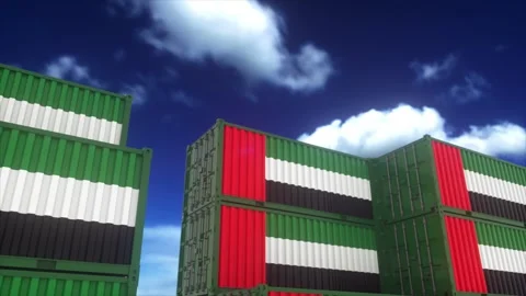 UAE Flag Colored Cargo Containers Stacked Under Bright Blue Sky Stock Footage 336668616