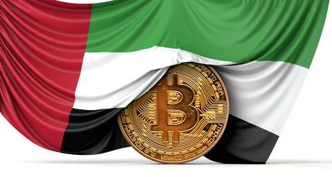 UAE flag draped over a bitcoin cryptocurrency coin. 3D Rendering Stock Illustration