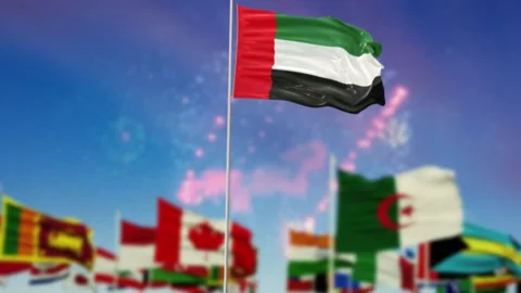 UAE Flag With Flags Of The World And Fireworks Moring And Night 3D Rendering Stock-Footage 149959969
