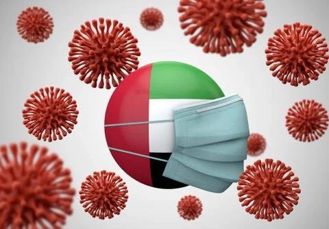 UAE flag with protective face mask. Coronavirus concept. 3D Render 스톡 일러스트