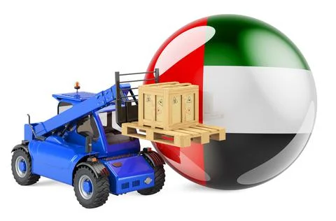 The UAE flag with telescopic handler truck and parcel. Cargo shipping in the  Illustrazione stock