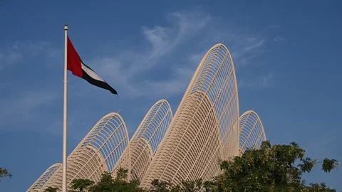 The UAE flag waves proudly in front of the Zayed National Museum, the national 動画素材 322780031