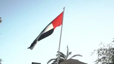 UAE flag waving against blue sky Stock Footage 147087973