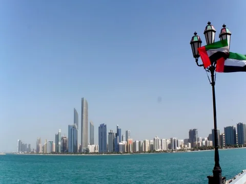 UAE flags on lamppost and Abu Dhabi skyline Stock-Footage 83303080