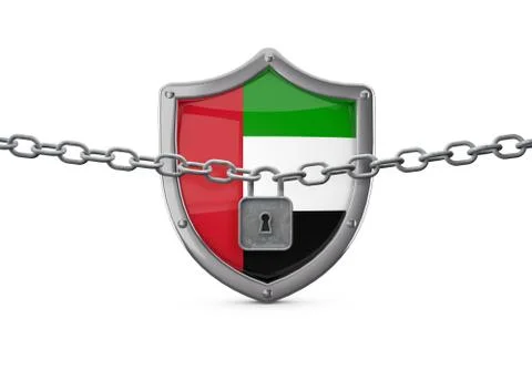 UAE lockdown concept. Shield with lock and chain. 3D Render Stock Illustration