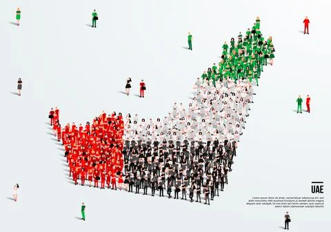 UAE Map and Flag. A large group of people in UAE flag color. Stock Illustration