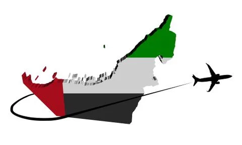 UAE map flag with plane silhouette and swoosh 3d illustration Illustrazione stock