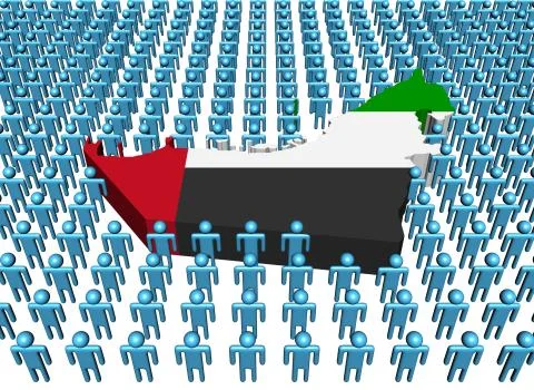 Uae map flag surrounded by many abstract people illustration Stock Illustration