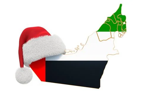 The UAE map with red Santa hat. New Year and Christmas holidays concept, 3D r Stock Illustration