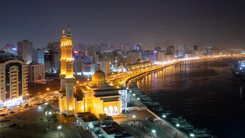 UAE - Mosque at Night next to River and Traffic - 4K Timelapse Stock Footage 112778637