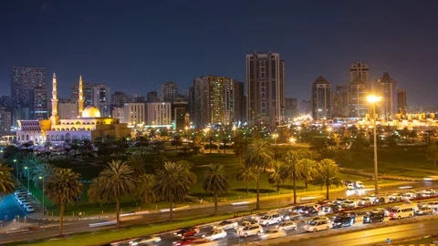 UAE - Mosque with Traffic below and Skyline - 4K Timelapse Stock Footage 112738678