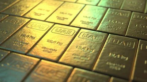 UAE text on gold ingots. 3d rendering Ilustración de archivo