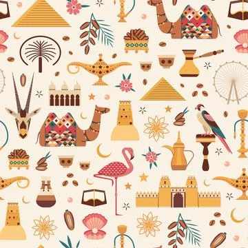 UAE Travel Pattern with Arabic Animals and Symbols Stock Illustration