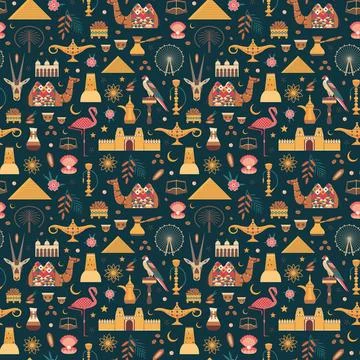 UAE Travel Pattern with Arabic Animals and Symbols Stock Illustration