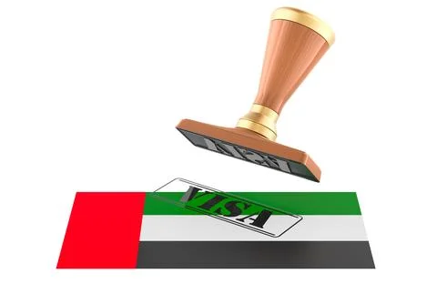 UAE visa approval concept, stamp with the United Arab Emirates flag. 3D ren.. Stock Illustration