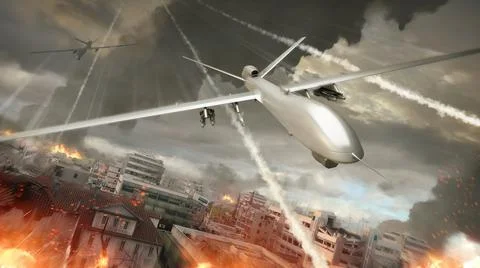 UAV Drone Flying Over Warzone Illustration