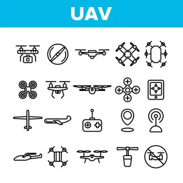 UAV, Remote Control Drones Vector Linear Icons Set Stock Illustration