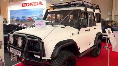 UAZ Hunter Extreme Expedition at Sofia Motor Show 2024. A Russian off-road SUV. Stock Footage 293693650