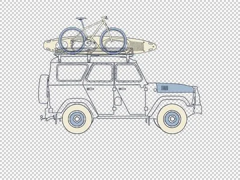 UAZ SUV, SUV logo template. There's a bike and kayak in the trunk. Copy space Stock Illustration