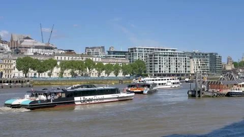 Uber Boat River Bus Passes Custom House on the Thames Stock Footage 342196723