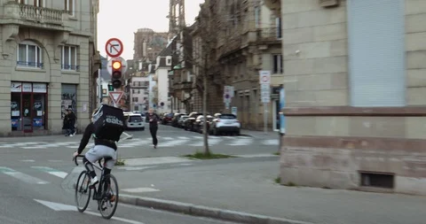 Uber eats food delivery on empty streets in French city of Strasbourg as France Stock Footage 126374459
