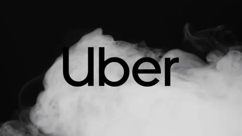 Uber logo appears when thick smoke flies over, icon on black background, Stock Footage 148388950