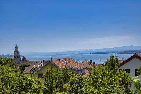 Überlingen with the Alps in the background Stock Photos