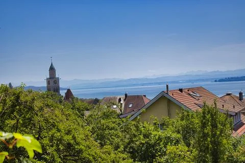 Überlingen with the Alps in the background. Stock Photos