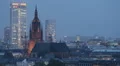 UBS Financial District Frankfurt Skyline Aerial View Cathedral Illuminated Night HD Footage