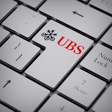 UBS logo notebook keycap 3d illustration stock market editorial Stock-Fotos