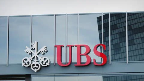UBS Stock data presented on the logo of the office facade editorial Stock Photos