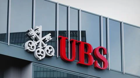 UBS Stock data presented on the logo of the office facade editorial Stock Photos