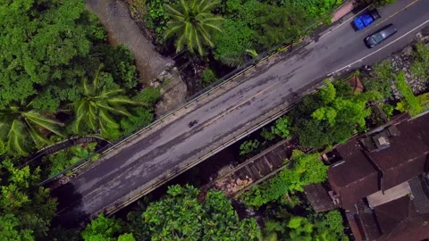 Ubud Campuhan Bridge traffic over streaming river in jungle. Dramatic aerial Stock Footage 341554722